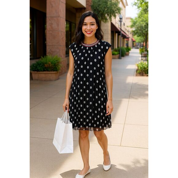 Dr2 Womens Dress Small Polka Dot Pleated Cap Sleeve Crew Neck - Picture 1 of 5